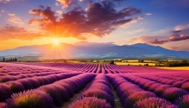 Una vista panorámica impresionante de un impresionante campo de lavanda al atardecer con colores vibrantes