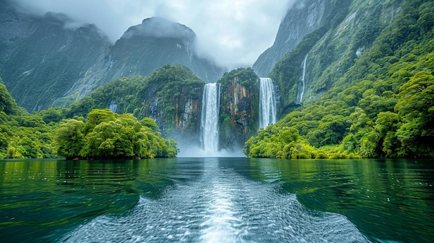 vista panorámica del impresionante Milford Sound en Nueva Zelanda con cascadas y acantilados