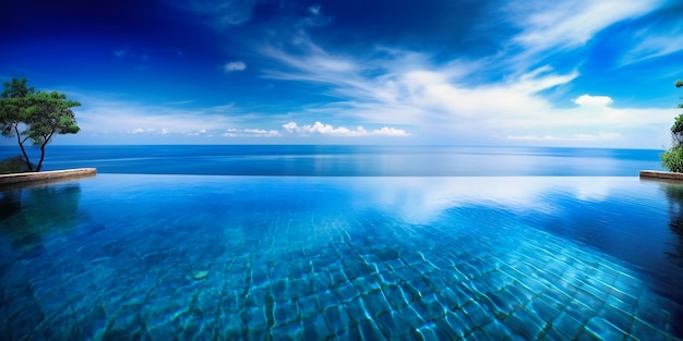 Una vista panorámica impresionante de una piscina infinita con vista al océano durante la relajación del verano