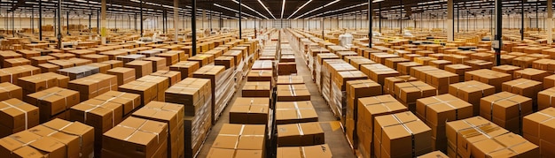 Una vista panorámica de un interior de almacén contemporáneo lleno de filas de cajas de cartón empacadas