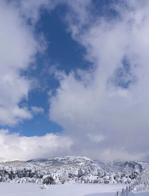 Foto vista panorámica de invierno con mucha nieve y ventisqueros en un pueblo griego en la isla evia grecia