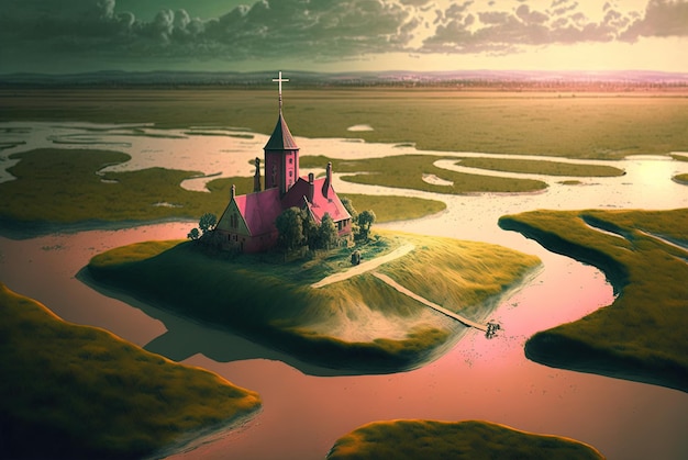 Vista panorámica de una isla de fantasía con una iglesia rosa en el paisaje del lago AI generada