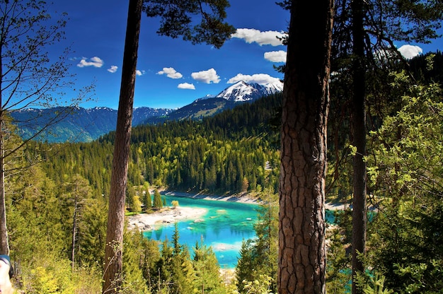 Foto vista panorámica del lago por los árboles contra el cielo