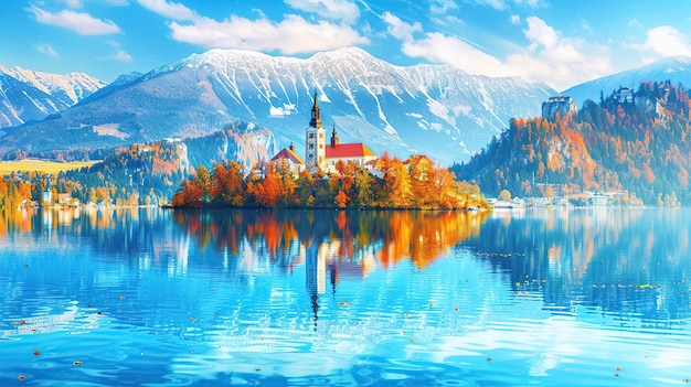 Foto una vista panorámica del lago bled en otoño un hermoso lago con montañas, nieve y árboles