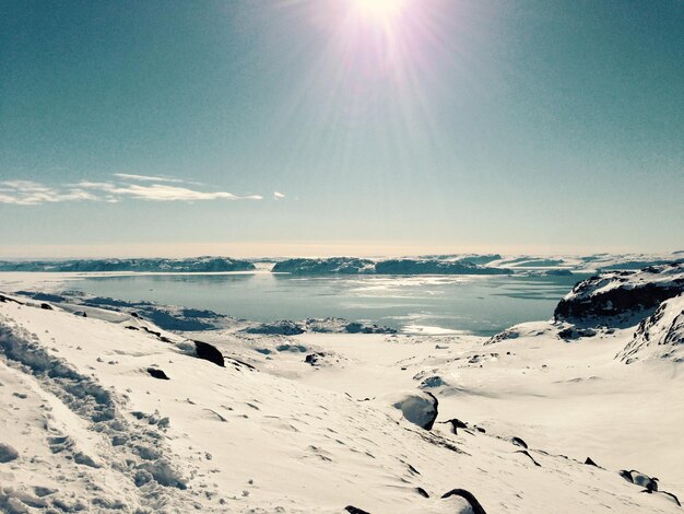 Foto vista panorámica del lago y el campo cubierto de nieve contra el cielo en un día soleado