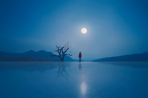 Vista panorámica del lago congelado contra el cielo azul por la noche