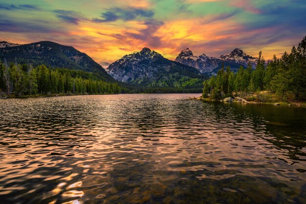 Vista panorámica del lago contra el cielo durante la puesta de sol