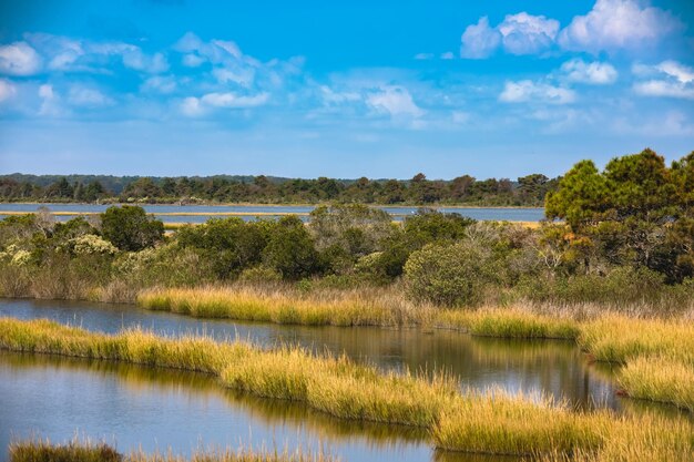 Vista panorámica del lago contra el cielo