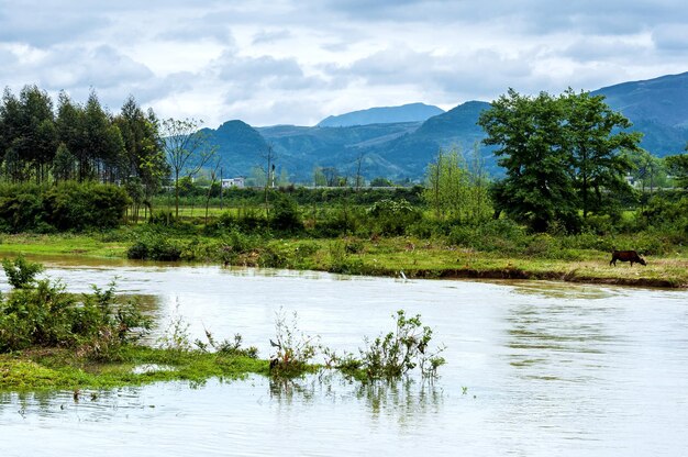 Vista panorámica del lago contra el cielo