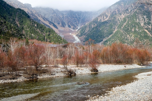 Vista panorámica del lago contra las montañas