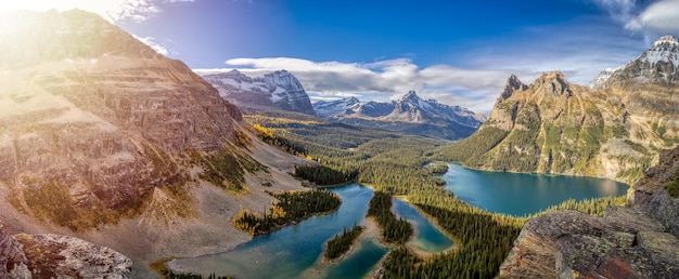 Vista panorámica del lago glaciar con montañas rocosas canadienses en el fondo Día soleado de otoño