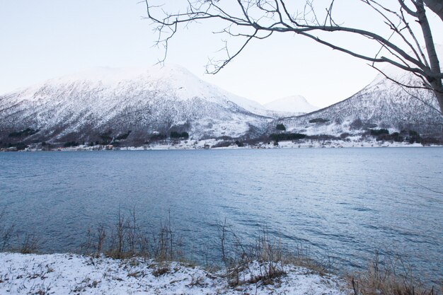 Vista panorámica del lago entre montañas y árboles en invierno