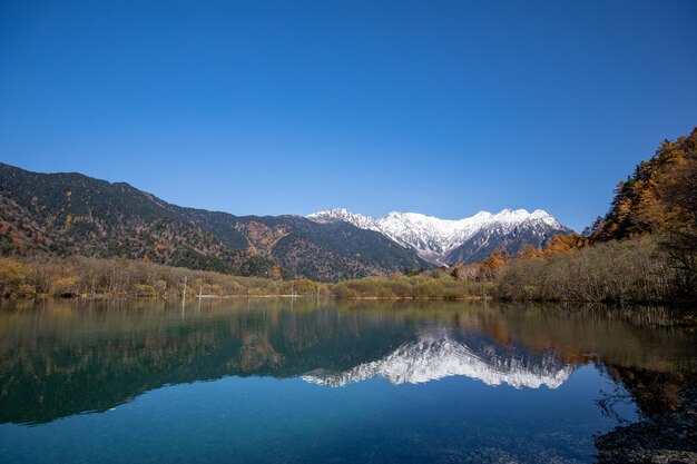 Foto vista panorámica del lago y las montañas contra un cielo azul claro