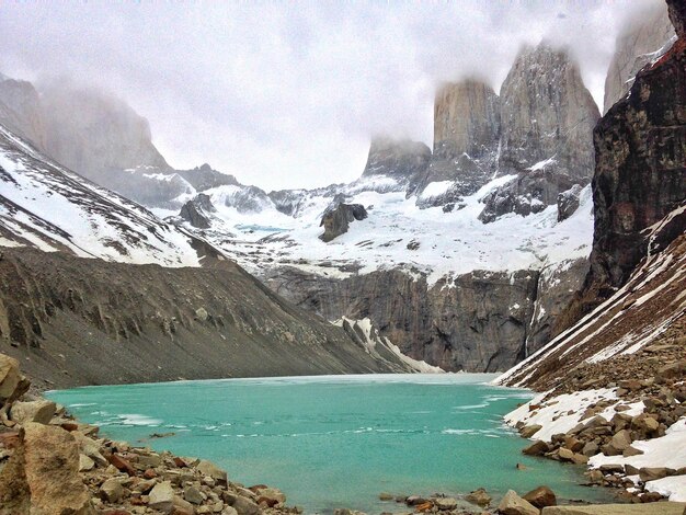 Vista panorámica del lago y las montañas contra el cielo