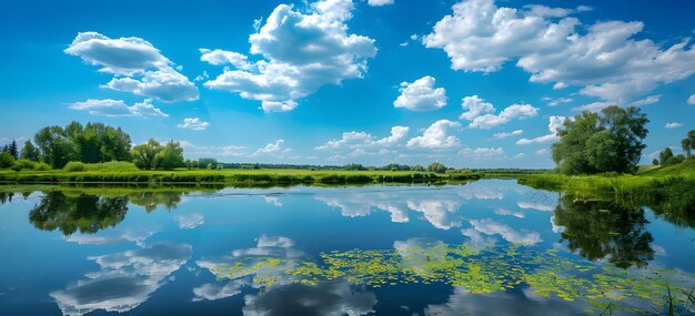 Vista panorámica de un lago en primavera con el reflejo de las nubes