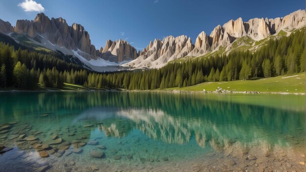 Vista panorámica de un lago sereno con el fondo de la montaña