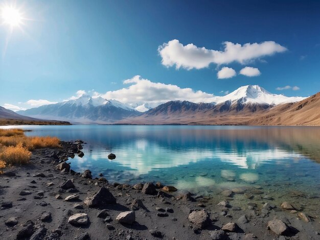 Foto vista panorámica del lago volcánico con montañas nevadas en el fondo