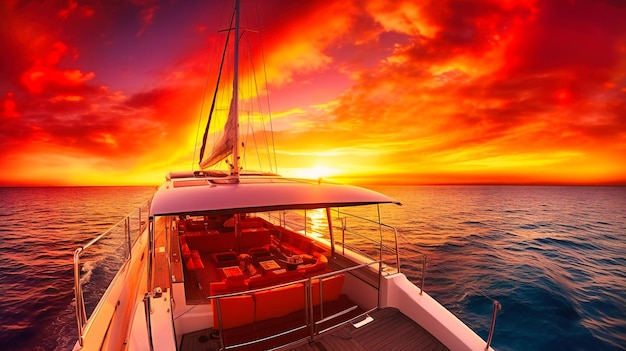 Una vista panorámica de un lujoso catamarán navegando a través de un paraíso tropical al atardecer con un sofisticado servicio de champán