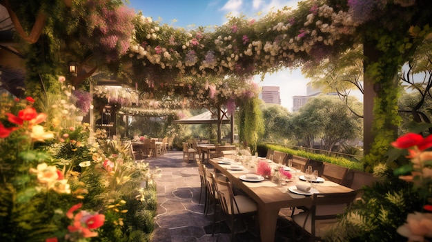 Una vista panorámica de un lujoso comedor al aire libre rodeado de flores florecientes y exuberante vegetación que ofrece una experiencia culinaria única