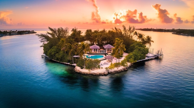 Una vista panorámica de un lujoso refugio en una isla privada durante una impresionante puesta de sol de verano que muestra lujosas comodidades y aguas cristalinas