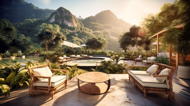 Una vista panorámica de un lujoso salón al aire libre rodeado de majestuosas montañas y arroyos cristalinos