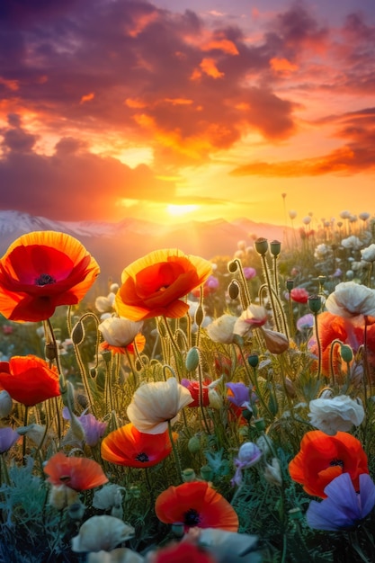 Vista panorámica de la luz del sol o la puesta de sol sobre las montañas con un campo de flores silvestres de colores brillantes y amapolas de cerca Generado AI hermoso diseño para una tarjeta postal