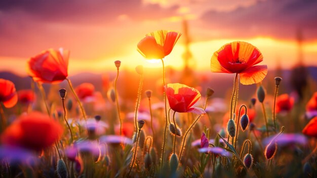 Vista panorámica de la luz del sol o la puesta de sol sobre las montañas con un campo de flores silvestres rojas y púrpuras brillantes y amapolas Generado por IA hermoso diseño para una tarjeta postal