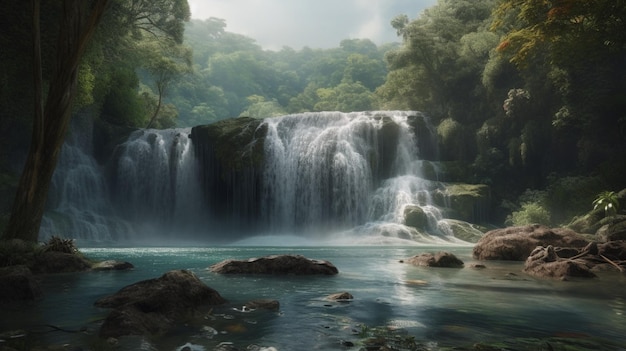 Vista panorámica de una majestuosa cascada de bosque profundo con agua cristalina