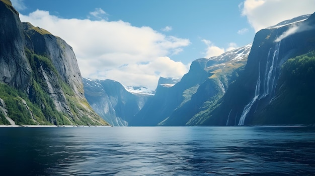 Vista panorámica de un majestuoso fiordo con escarpados acantilados y aguas azules profundas