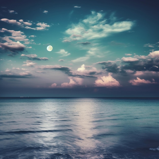 Vista panorámica del mar Cielo colorido con nubes y luna llena brillante en el paisaje marino a la noche