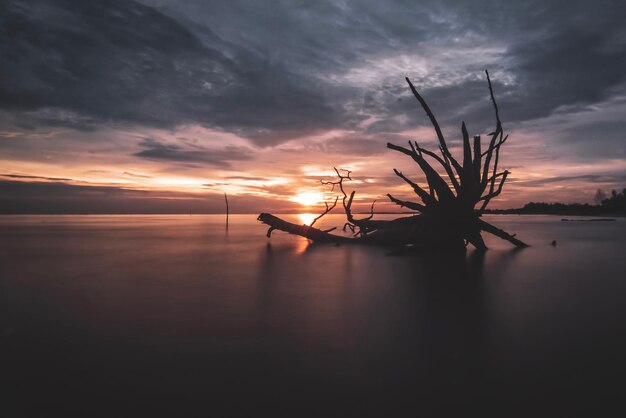 Vista panorámica del mar contra un cielo dramático durante la puesta de sol