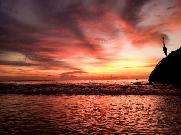 Foto vista panorámica del mar contra el cielo dramático durante la puesta de sol