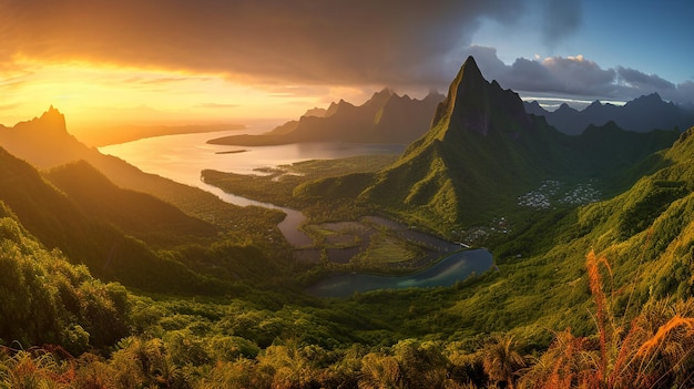 Vista panorámica desde el mirador de Belvedere al amanecer Moorea IA generativa