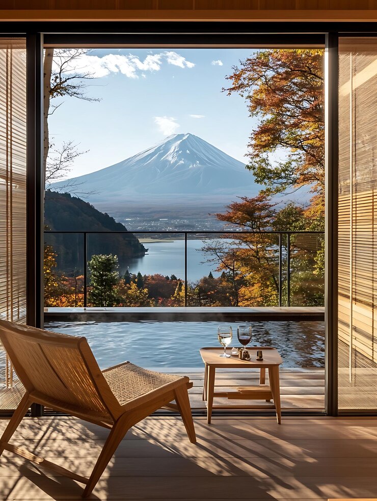 vista panorámica de una montaña y un lago desde una sala de estar