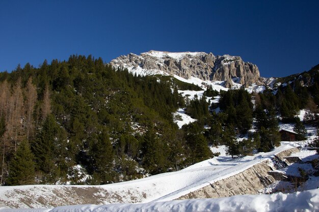 Foto vista panorámica de las montañas cubiertas de nieve contra un cielo despejado