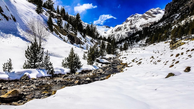 Foto vista panorámica de las montañas cubiertas de nieve contra el cielo