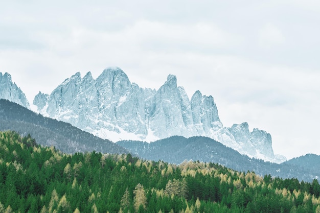 Foto una vista panorámica de las montañas dolomitas en italia con árboles verdes y cielo azul