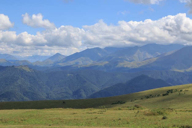 Vista panorámica de las montañas y escenas del valle en el parque nacional Dombay, Cáucaso, Rusia, Europa. Espectacular cielo azul y paisaje soleado de verano