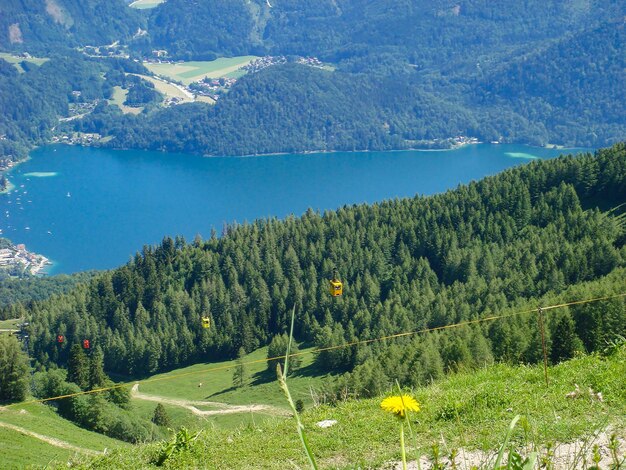 Vista panorámica de las montañas del lago y el teleférico en un día de verano Austria