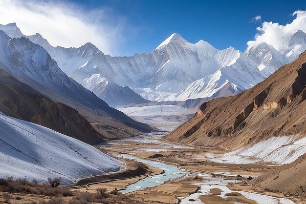 Vista panorámica de las montañas nevadas en el Alto Mustang Annapurna Reserva Natural ruta de senderismo Nepal