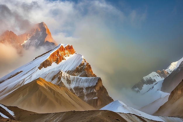 Vista panorámica de las montañas nevadas en el Alto Mustang Annapurna Reserva Natural ruta de senderismo Nepal