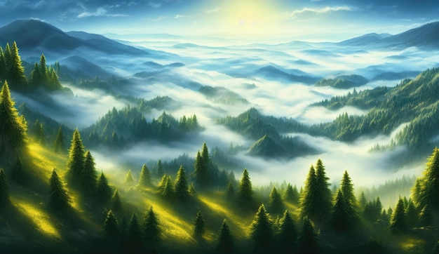 Vista panorámica de las montañas y el valle del bosque por la mañana en la niebla el sol sobre las nubes Otoño en el bosque de montaña 3d ilustración