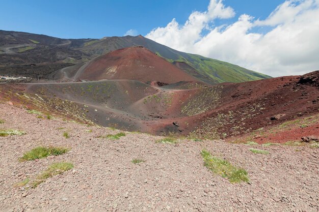 Vista panorámica del Monte Etna cráteres extintos en la ladera rastros de actividad volcánica