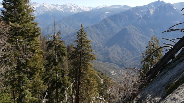 Vista panorámica de Moro Rock en el parque nacional del bosque de Sequoia, en el norte de California, Estados Unidos. Con vistas a bosques antiguos, árboles coníferos en las montañas de Sierra Nevada. Mirador cerca de Kings Canyon.