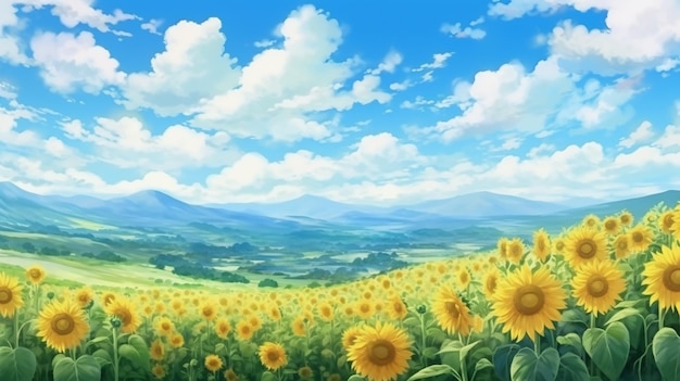 vista panorámica de la naturaleza campo de girasol y cielo azul en el estilo de la ilustración de dibujos animados