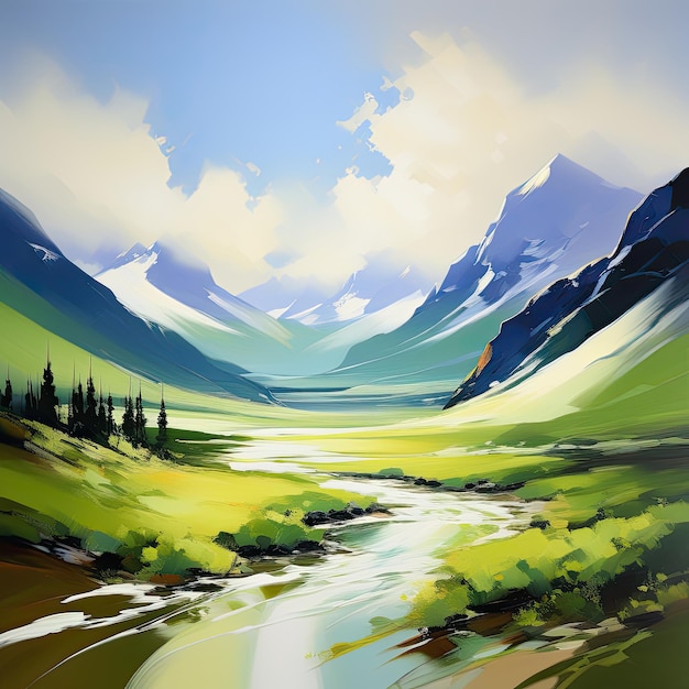 Vista panorámica de la naturaleza pintura al óleo Paisaje con montañas