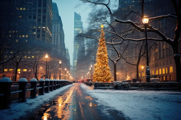 Vista panorámica de una noche de invierno de las luces brillantes de un árbol de Navidad rodeado por los rascacielos del centro de Manhattan en el Madison Square Park de la ciudad de Nueva York