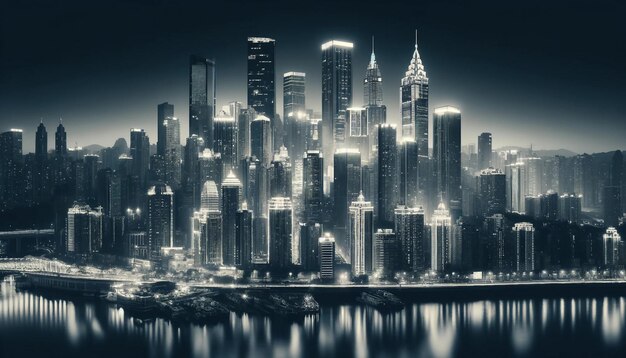Foto vista panorâmica noturna do horizonte iluminado da cidade