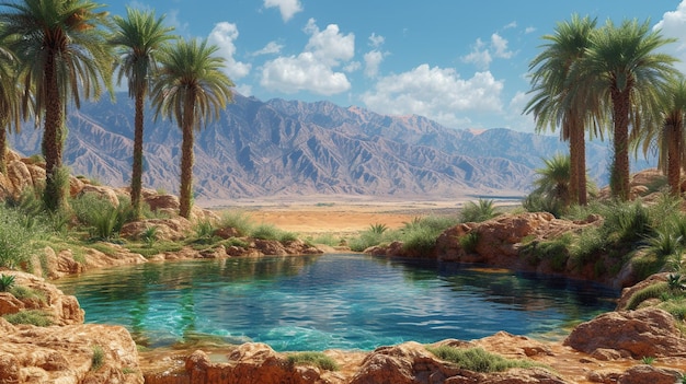 Una vista panorámica de un oasis desértico con papel tapiz de fondo de palma