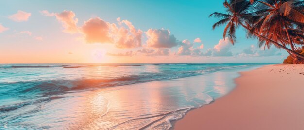 Una vista panorámica de un paisaje pacífico paraíso playa palmeras tranquilo sol del océano